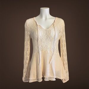 Women's "C" Crochet Knit Sweater Top, Keyhole, Cream Color, Size Medium